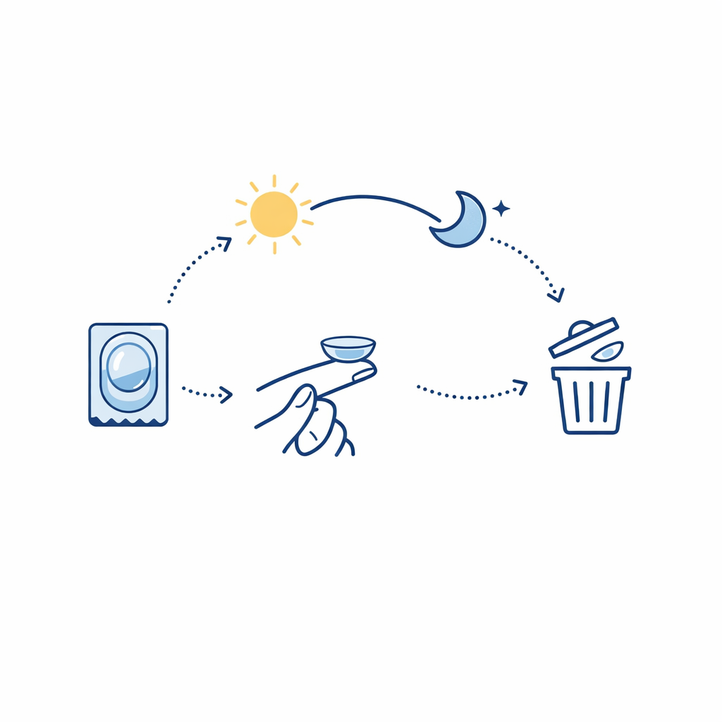 A one-day routine is shown with one fresh pair used once and discarded, using tidy instructional icons.