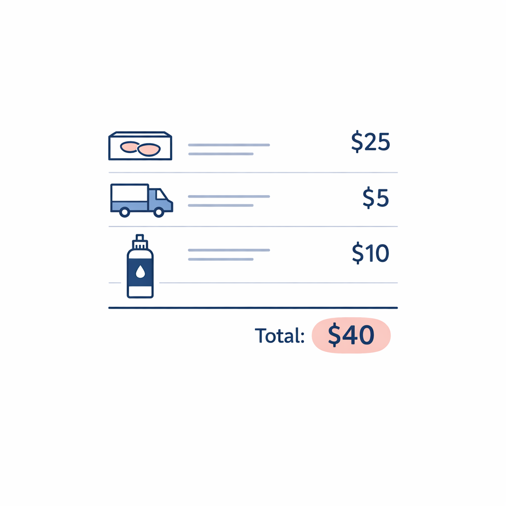 A checkout cart visual breaks down item price, shipping, solution, and total cost.