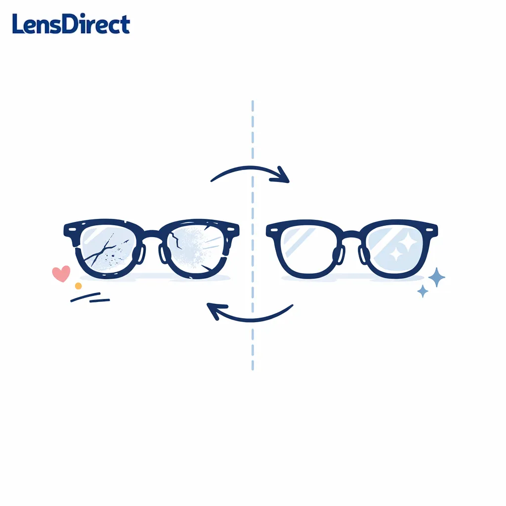 An old favorite frame is refreshed with new lenses in a clean before-and-after style illustration.