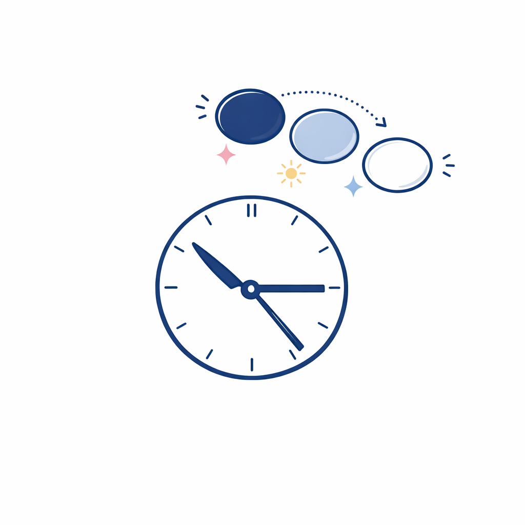 A clock and lens sequence illustrate the gradual change from dark to clear.