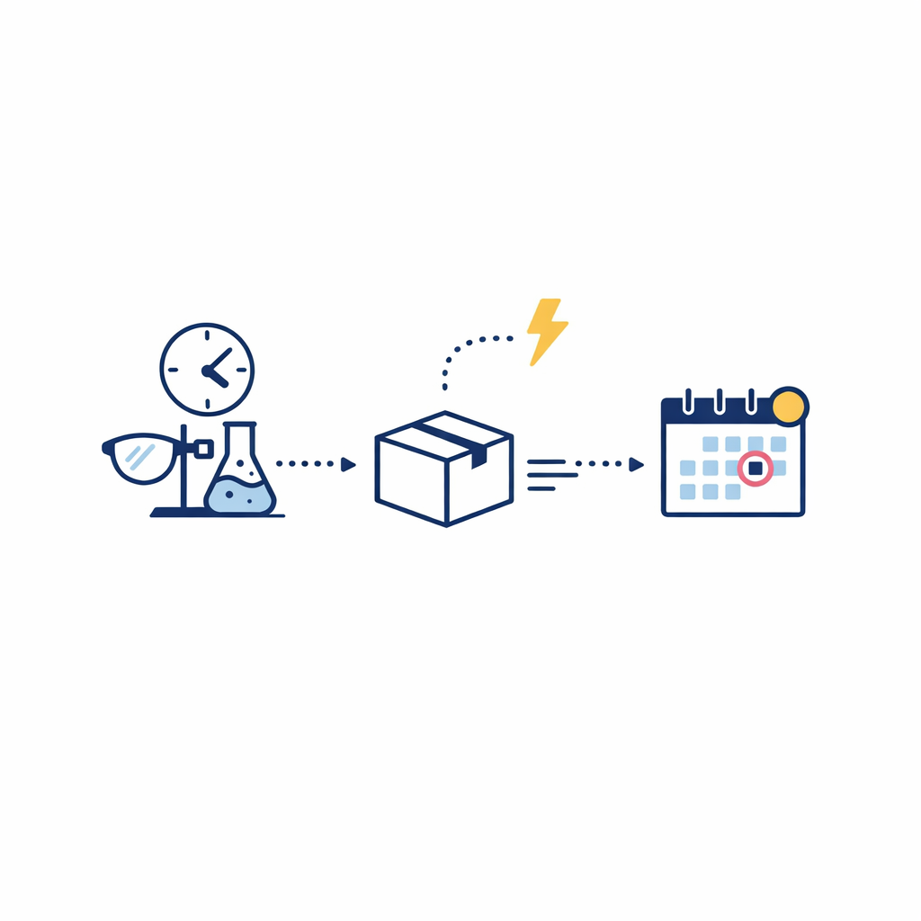 A lab clock, package, and calendar explain the difference between production time and shipping time.