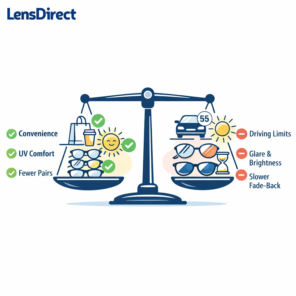 A clean balance scale weighs convenience and UV comfort against driving and glare limitations.