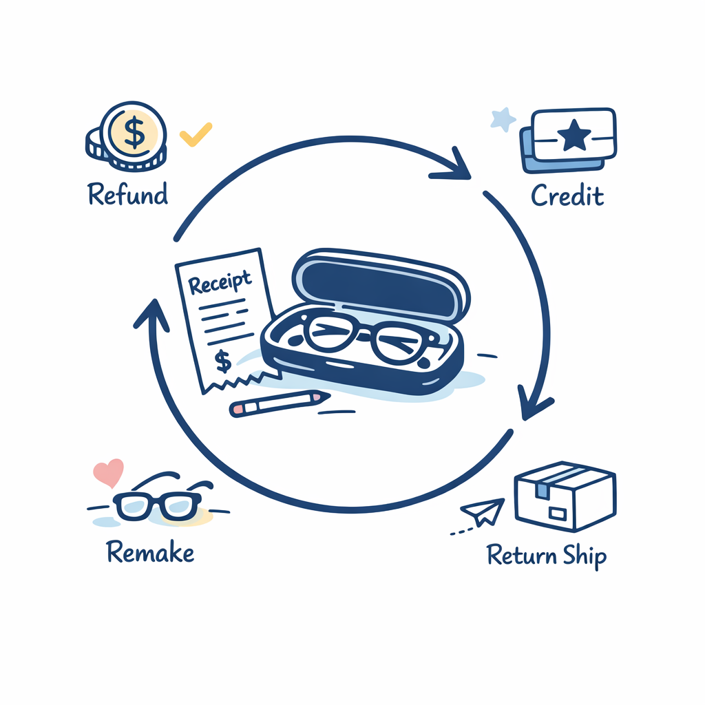 A return box, receipt, and circular arrows show how refund terms affect the true cost of cheap glasses.
