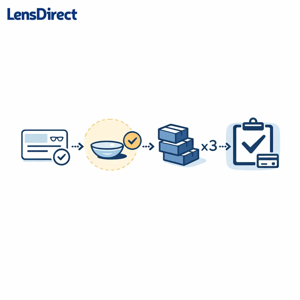 A clean reorder path links prescription details, exact lens match, and a timely online purchase checklist.