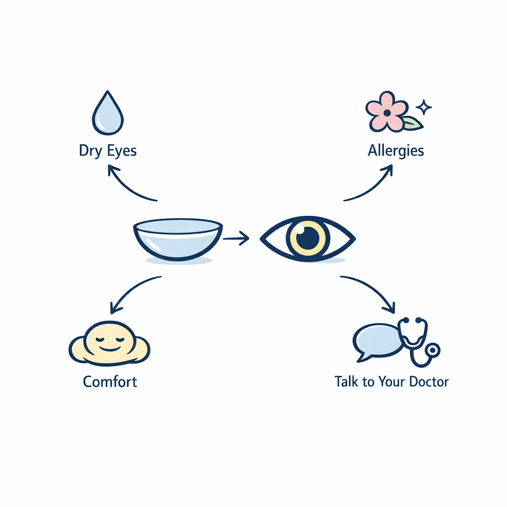Gentle line-art flowchart for dryness, allergies, and comfort questions around daily contacts.