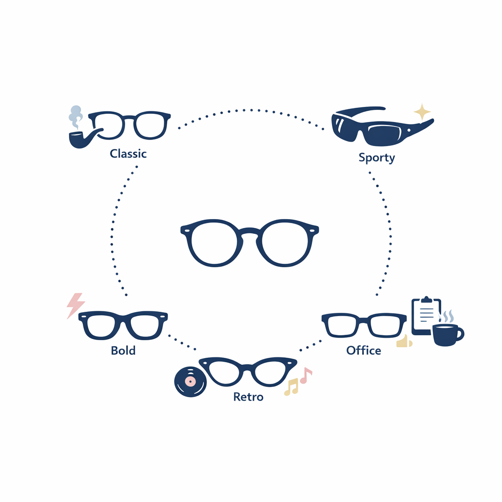 A central glasses icon branches into classic, bold, sporty, retro, and office-friendly style directions.