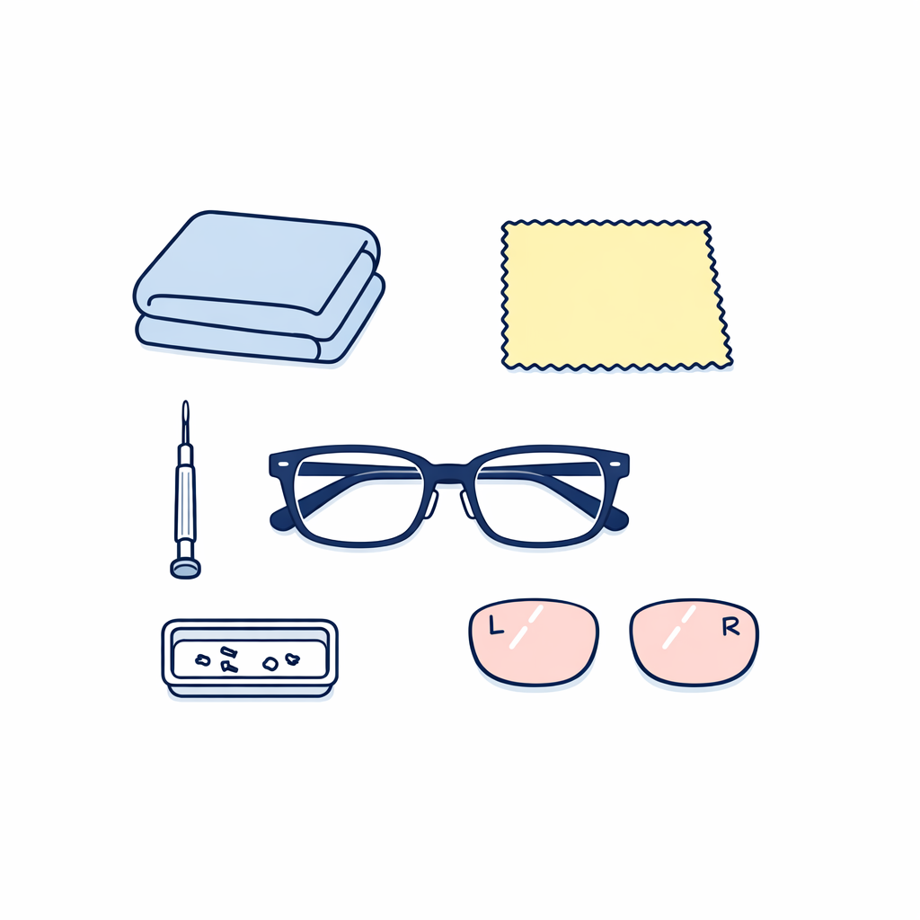 A neat flat lay shows a towel, screwdriver, microfiber cloth, tray, and glasses ready for careful work.