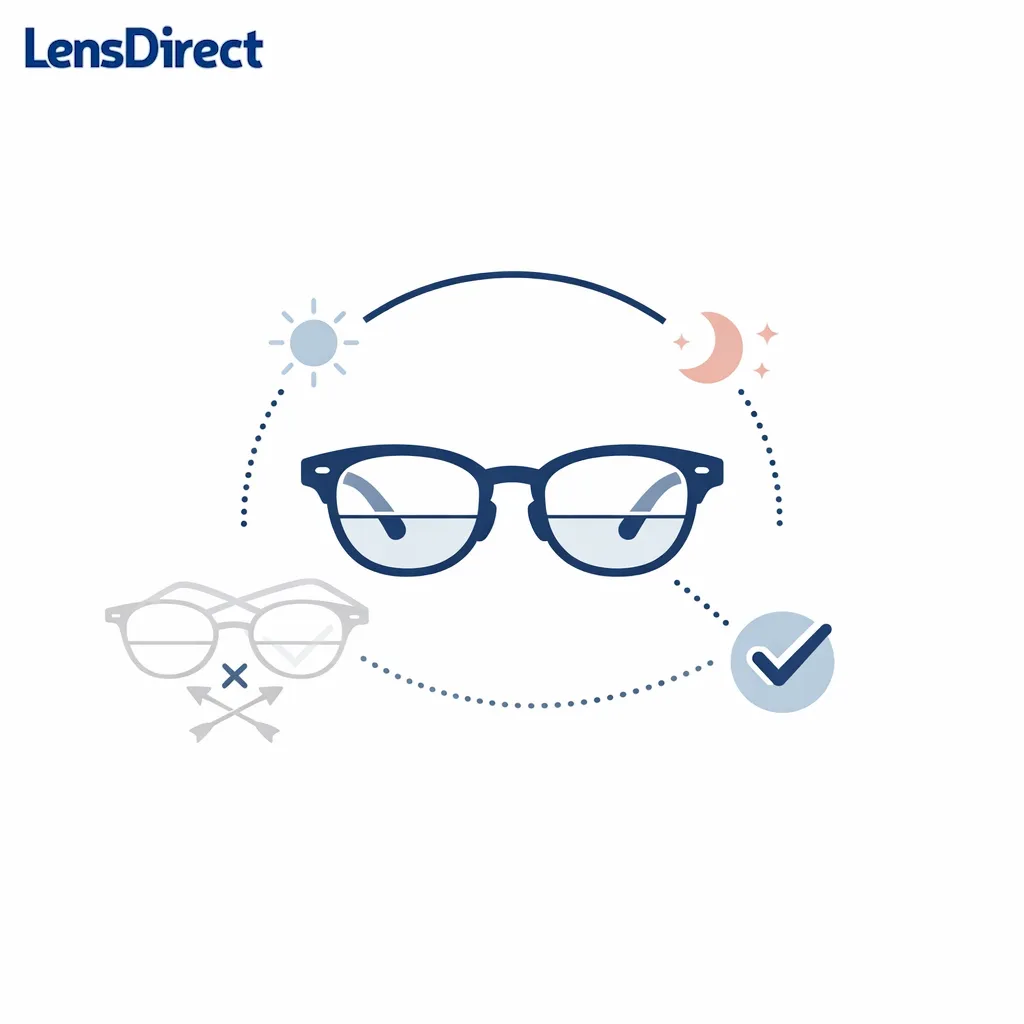 A clock and eyeglasses illustrate steady daily wear instead of switching back to old glasses.