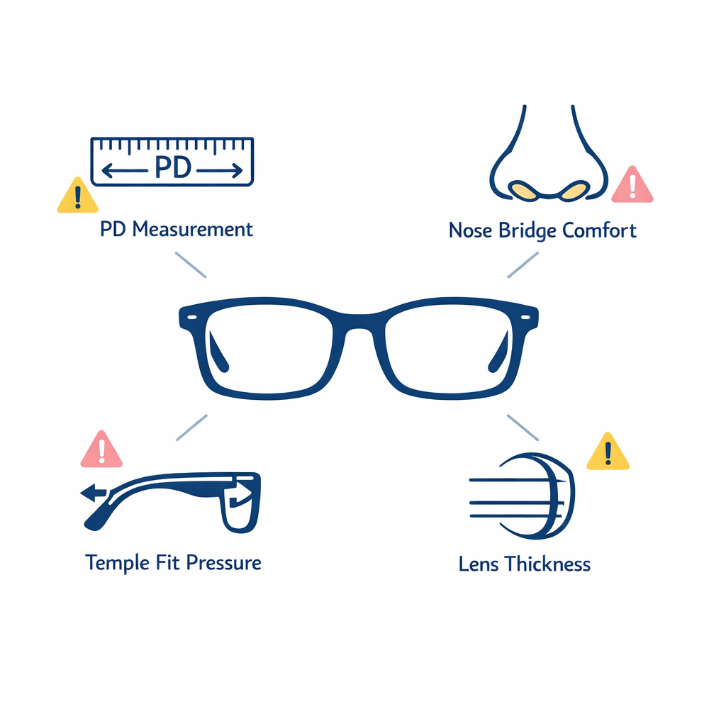 Warning icons show PD, bridge comfort, temple fit, and lens thickness as key blind spots.