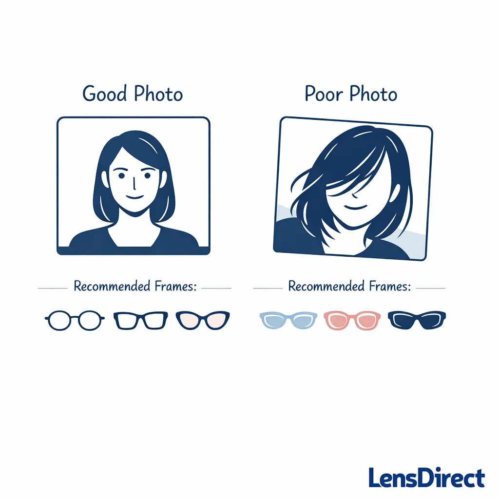A clear photo and a distorted selfie lead to very different glasses recommendations.