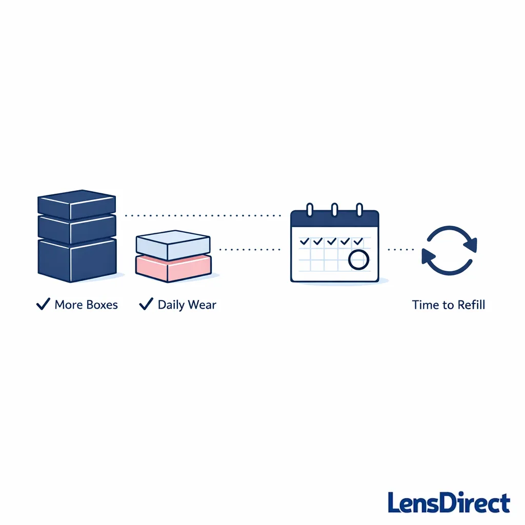 Stacked contact lens boxes and a calendar help compare supply length and reorder timing at a glance.