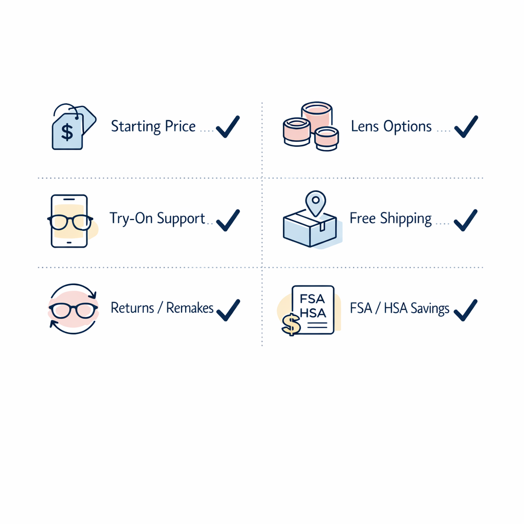 A simple checklist grid highlights price, lenses, fit, shipping, returns, and savings options.