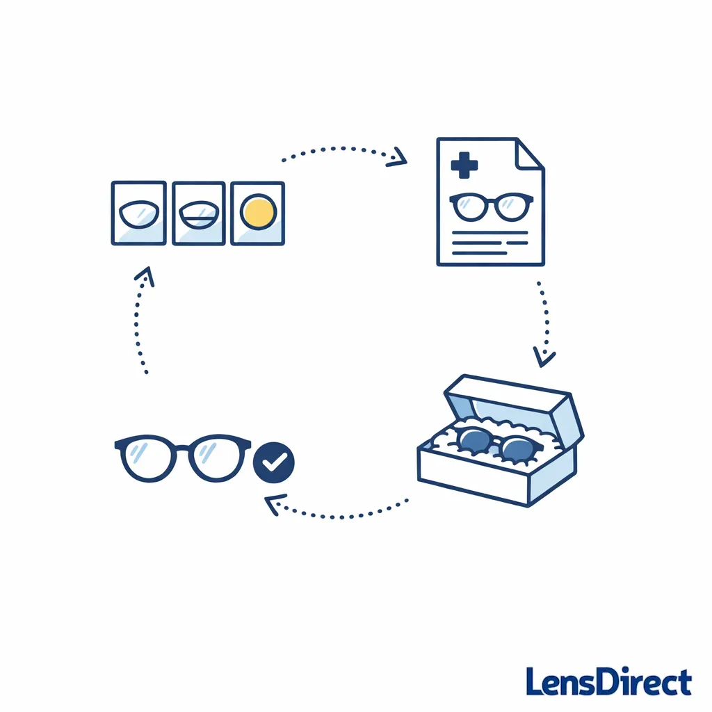 A simple four-step path shows choose lenses, upload prescription, ship frames, and receive finished glasses.