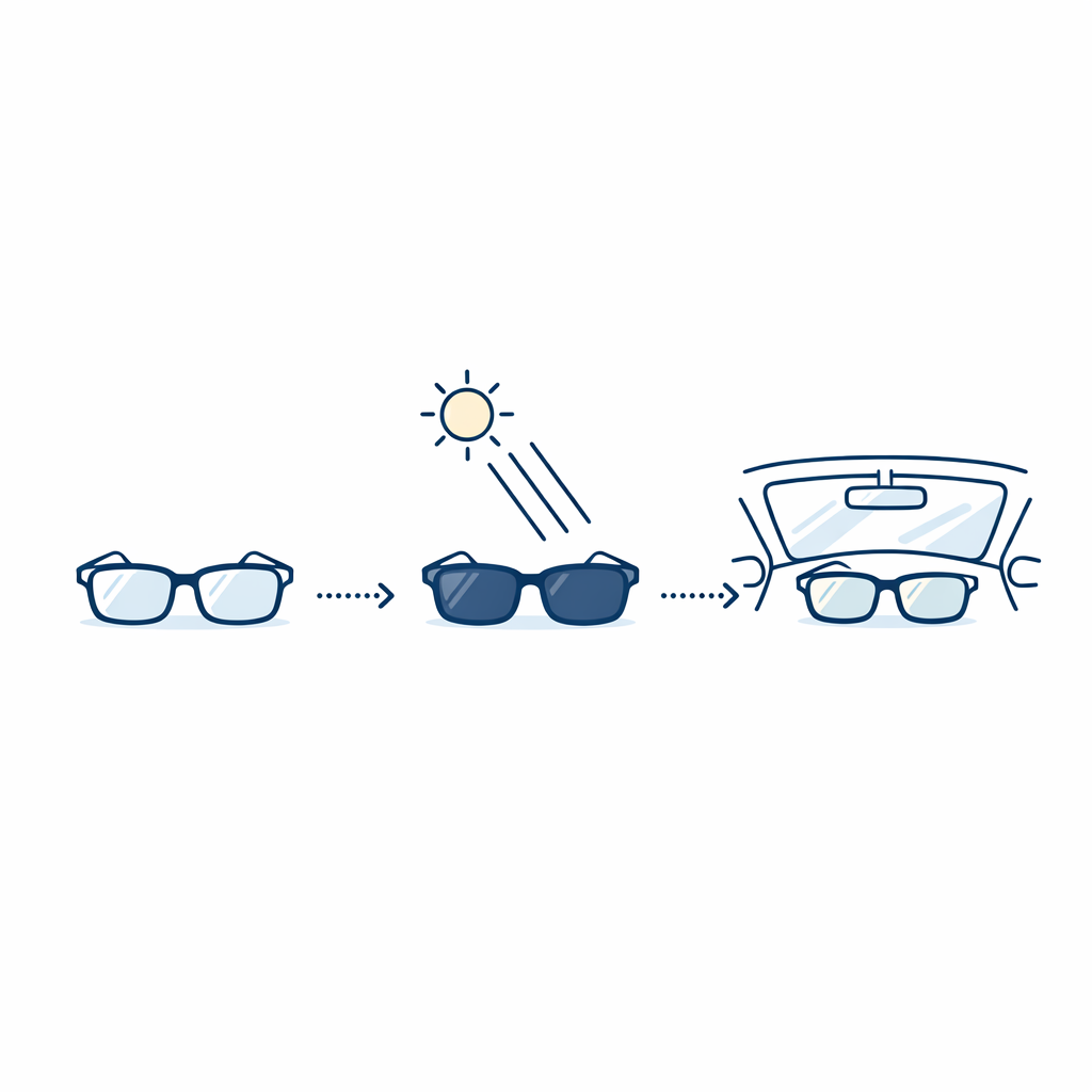 A simple UV-to-lens diagram explains why lenses darken outside more than inside the car.
