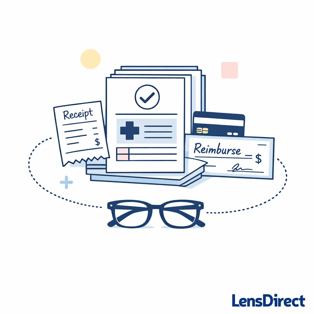 A clean paperwork graphic highlights receipts, reimbursement, and benefit account compatibility for online glasses orders.