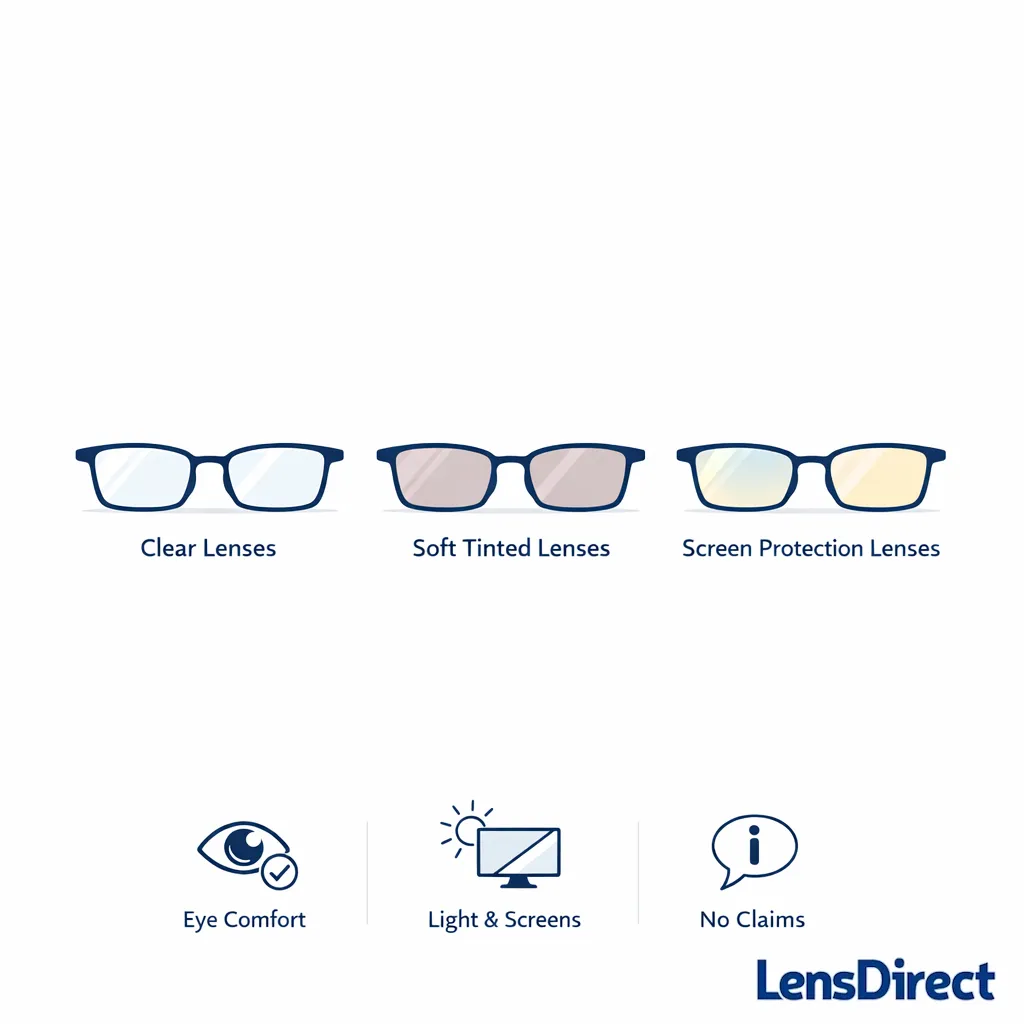 Minimal eyewear illustration comparing clear, light tint, and screen-use lens looks.
