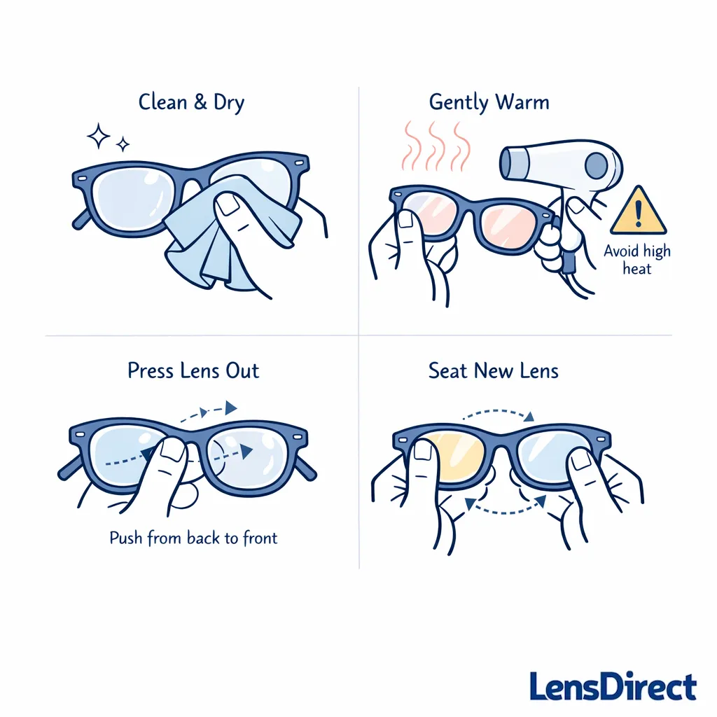 A step-by-step diagram shows gentle warming and careful lens removal in plastic frames.