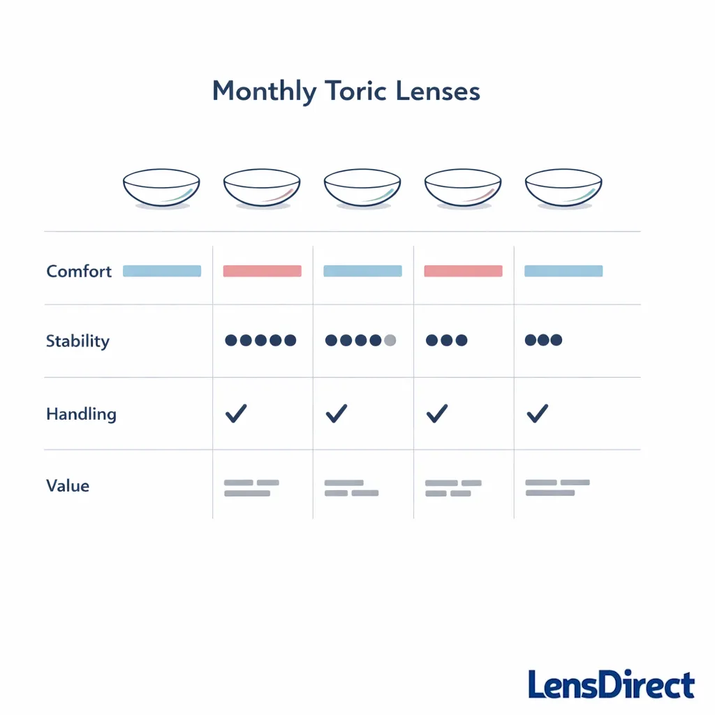 Five generic lens tiles compare comfort, stability, handling, and value without naming brands.