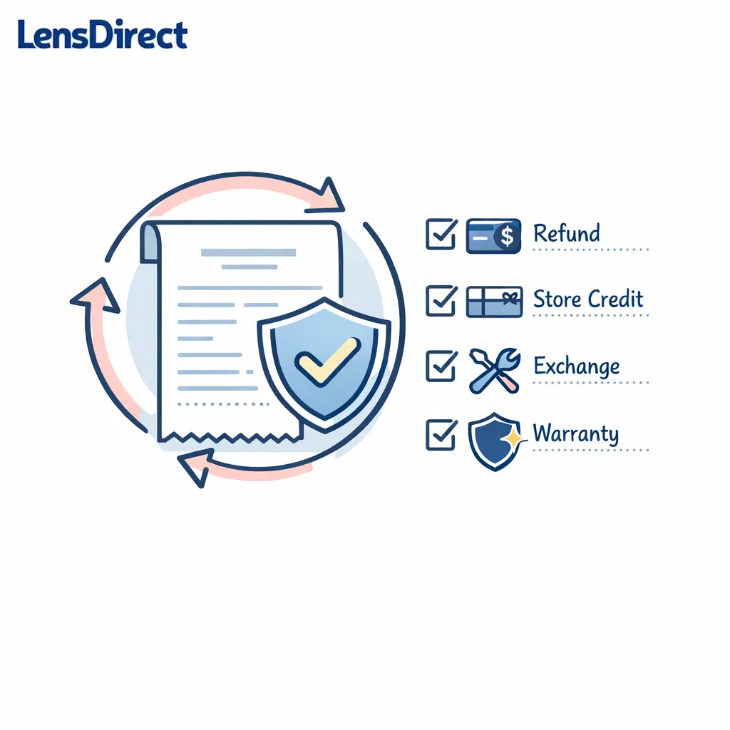 A shield and receipt highlight return windows, remakes, refunds, and warranty terms in a calm visual.