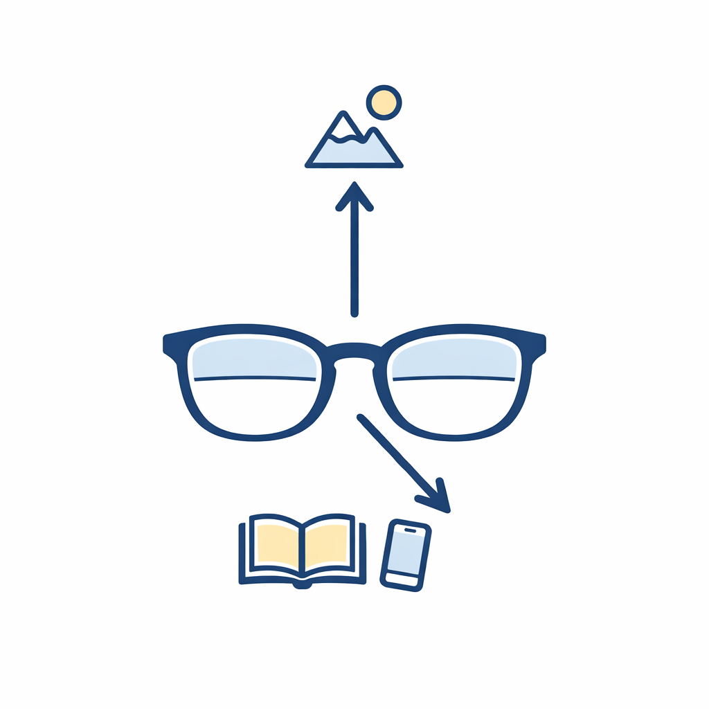 A clean glasses diagram shows eyes dropping down for reading and looking straight ahead for distance.