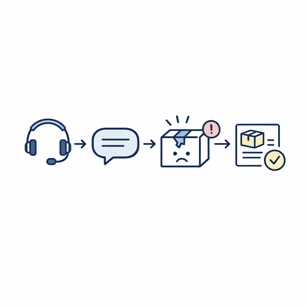 A headset icon and corrected lens order card emphasize responsive customer support and easy issue resolution.