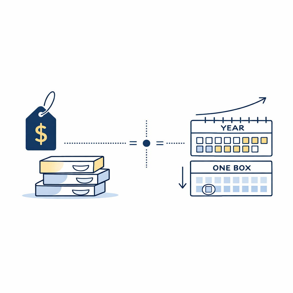 A price tag, stacked boxes, and a yearly calendar explain why long-term lens value beats single-box price.