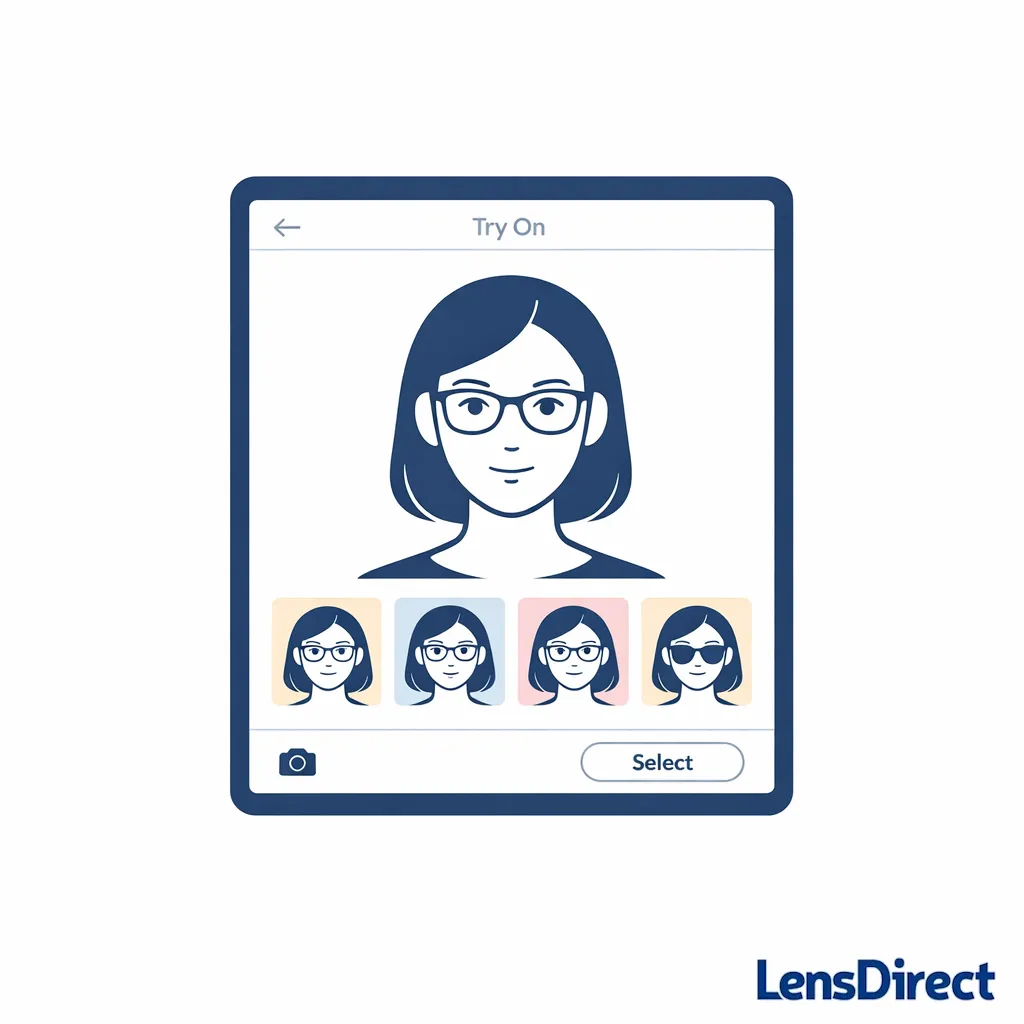 A phone-style preview compares round, square, cat-eye, and aviator frames on the same face.