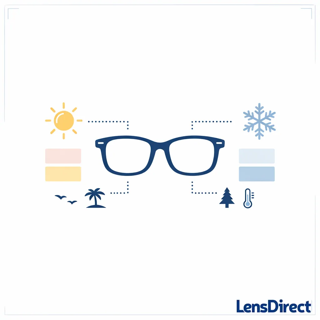 Sun and snow icons around glasses show that temperature can change lens behavior.