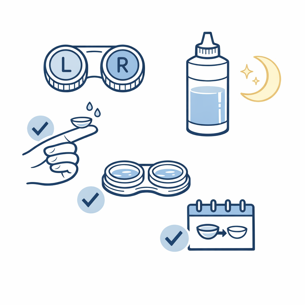 A lens case, solution bottle, and nightly routine icons show the upkeep monthly lenses require.