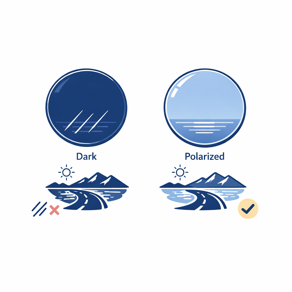 A simple glare diagram distinguishes darker lenses from true glare-reducing polarized lenses.