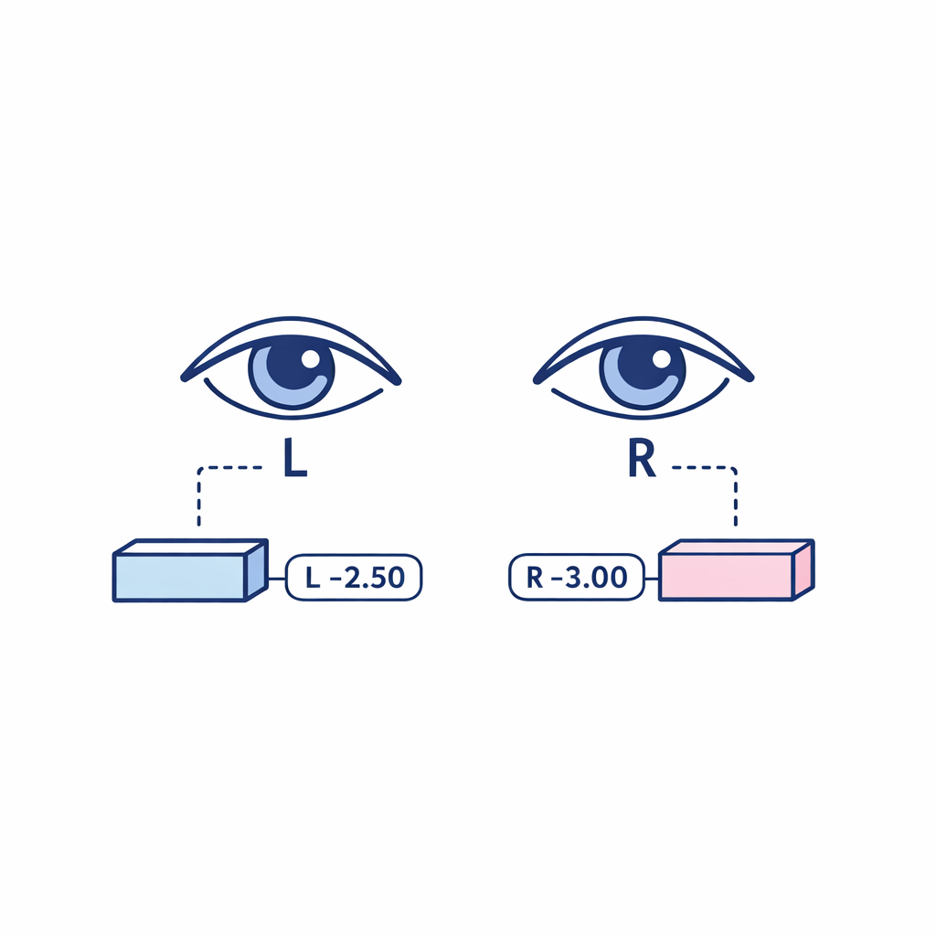 An eye pair diagram shows left and right lenses needing different powers before purchase.