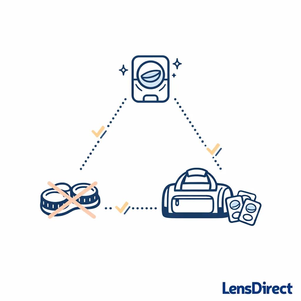 Instructional line art highlighting a fresh pair, no lens case, and simple daily convenience.