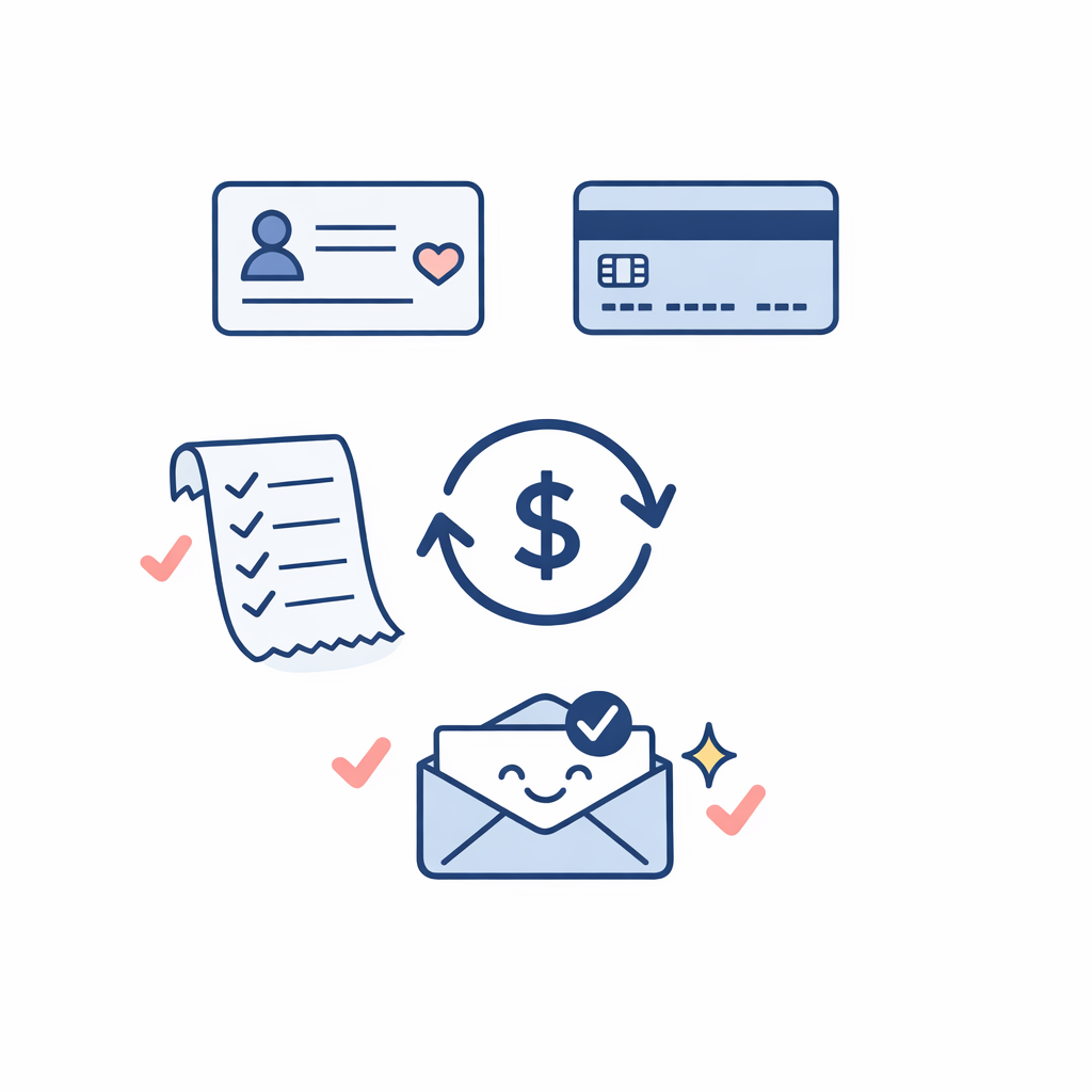 Benefit cards, a receipt, and reimbursement arrows show simple ways to use vision spending options.