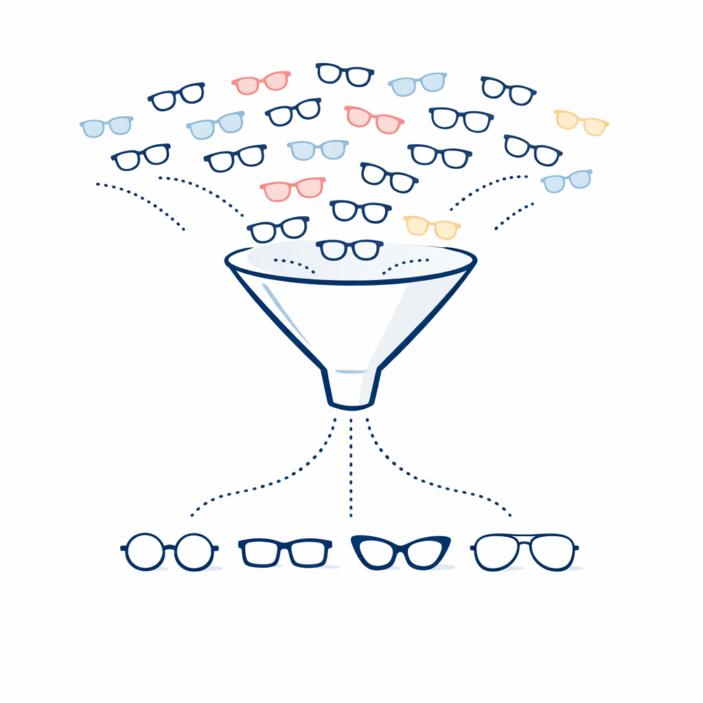 A funnel turns many tiny frame icons into a short, manageable set of strong candidates.