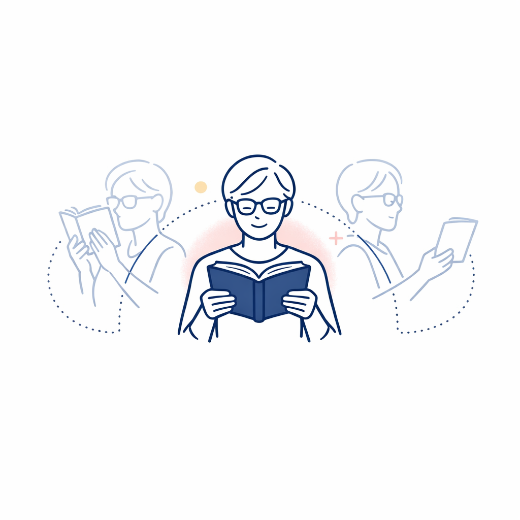A seated reader holds a book at a comfortable distance instead of pushing it too near or far.