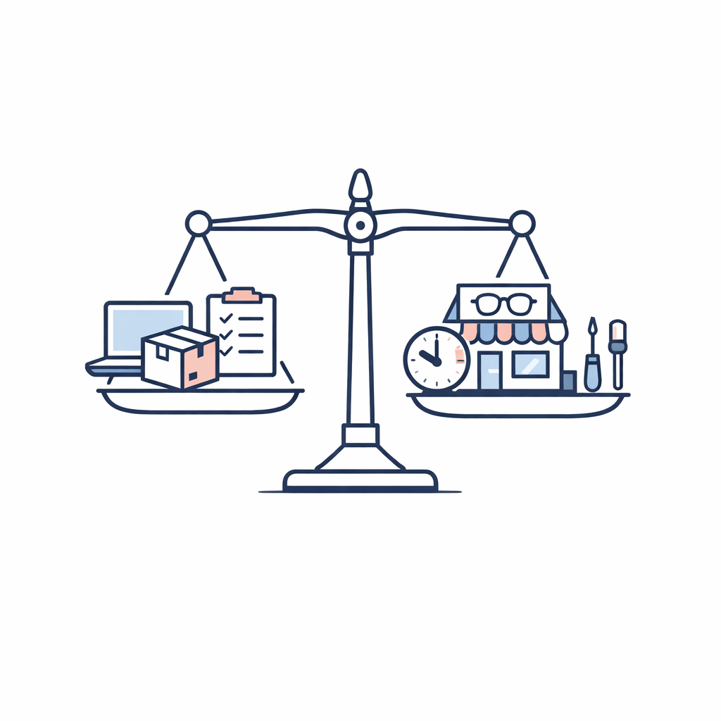 A balanced scale contrasts online convenience and comparison with local speed and in-person help.