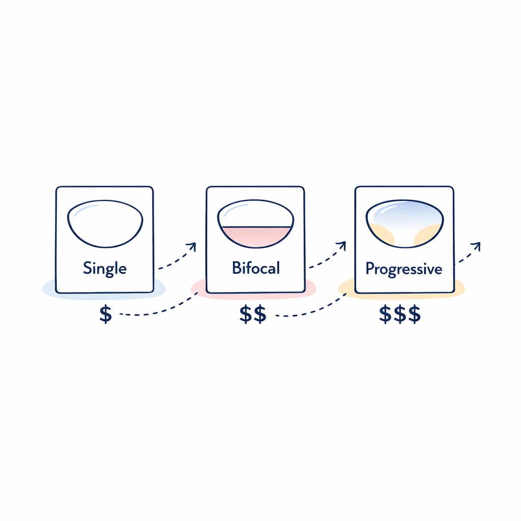 Three lens types single vision, bifocal, and progressive are shown as distinct paths with increasing complexity.