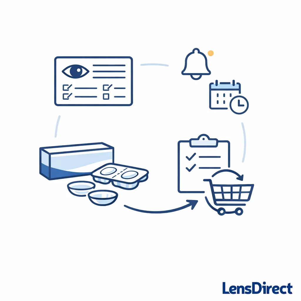 A saved order card and one-click repeat path illustrate faster, less stressful contact reordering.
