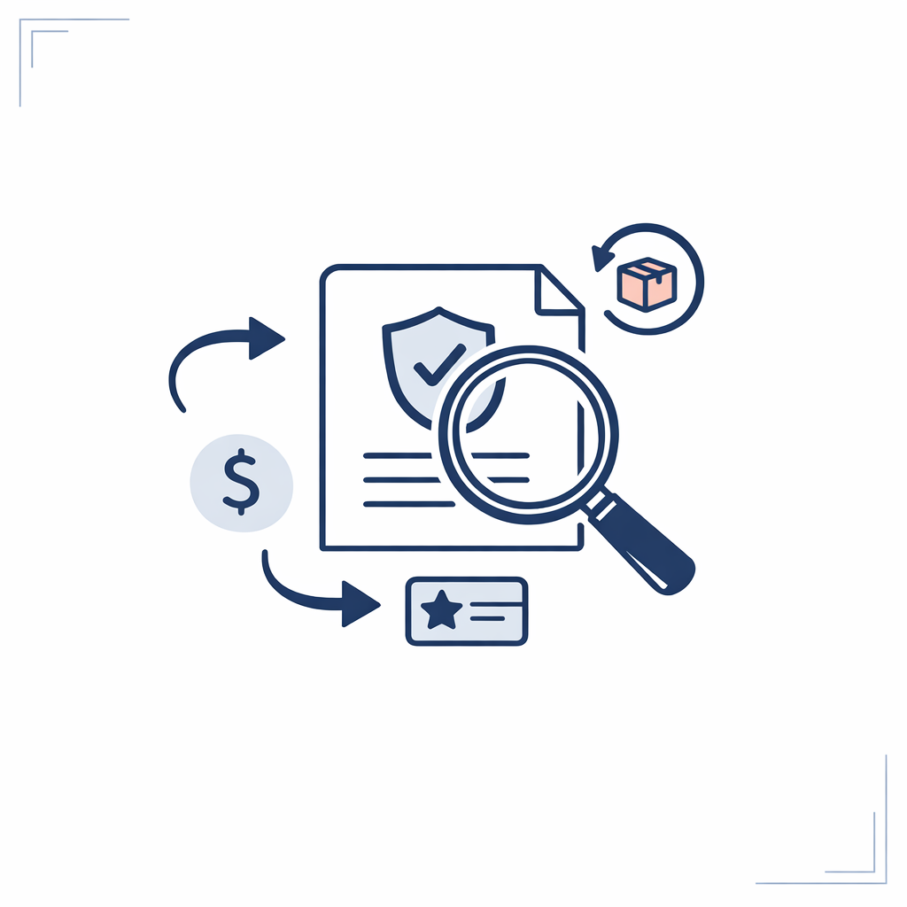 A document with a magnifying glass and remake arrows emphasizes checking return terms before ordering.