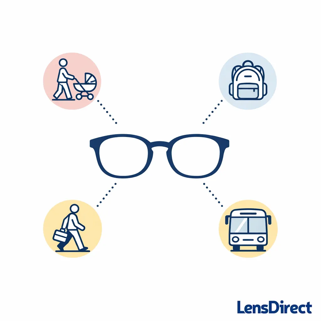 Icons for parents, students, walkers, and public transit commuters surround a central pair of glasses.