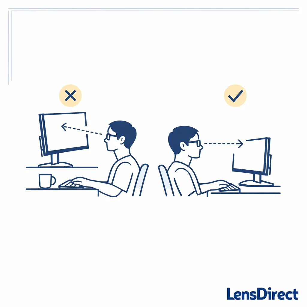 A desk setup shows a monitor slightly below eye level for easier computer use with multifocal lenses.