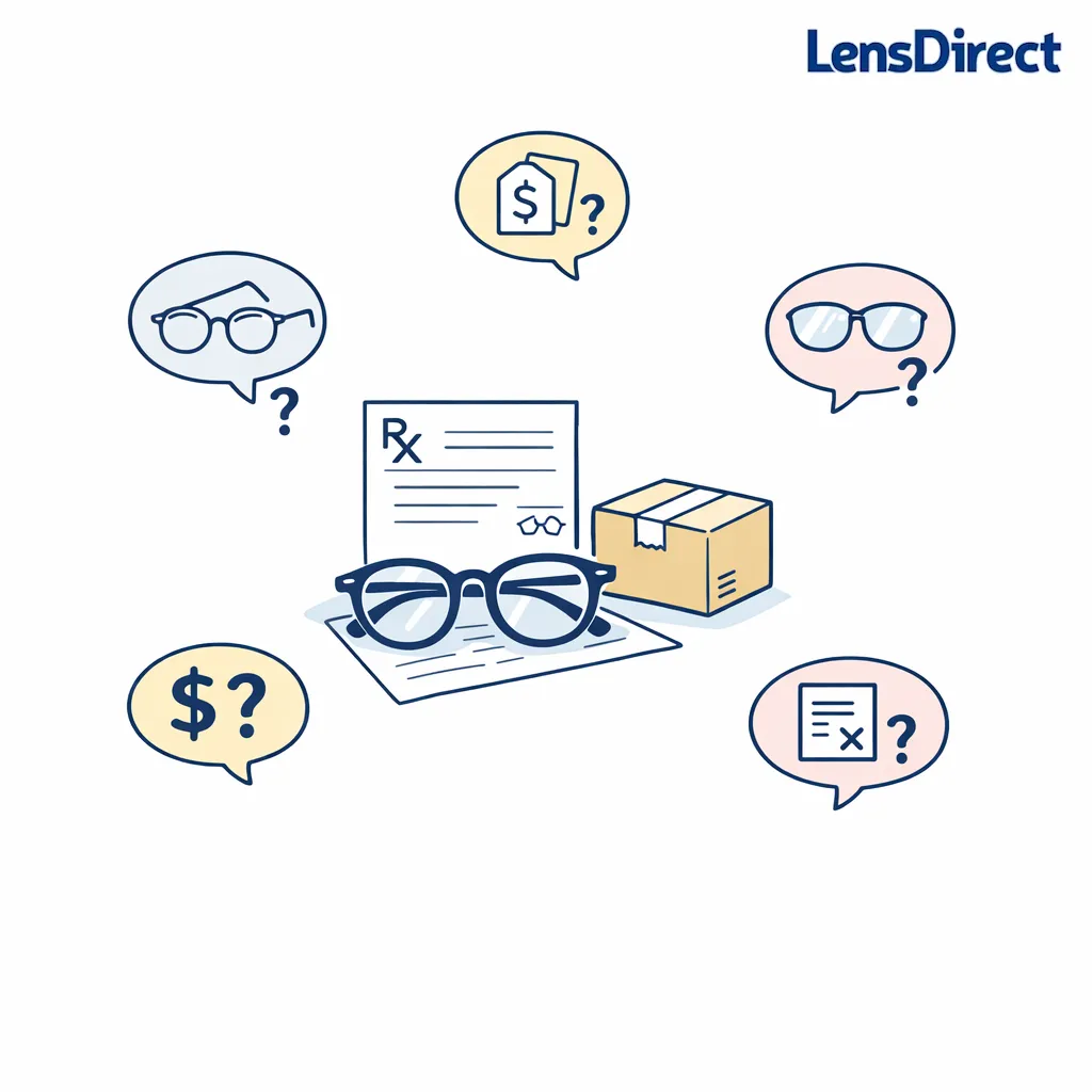 Question icons surround glasses and a prescription page to highlight what shoppers ask before mailing frames.