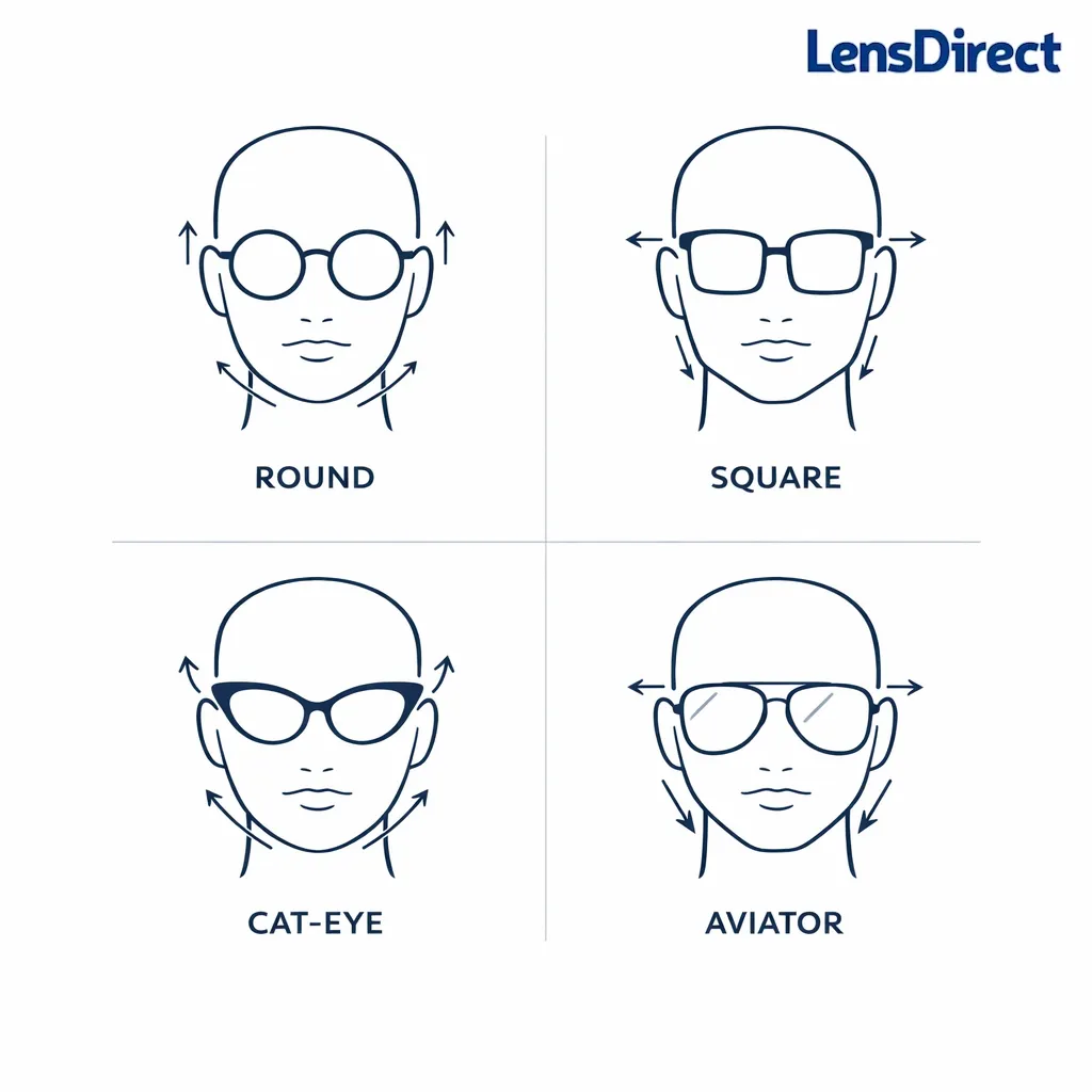 Round, square, cat-eye, and aviator frames appear as a clean side-by-side decision set.