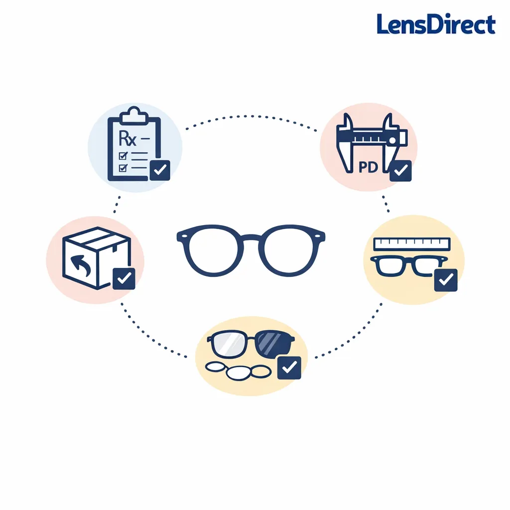 A clean five-point pre-order checklist surrounds a pair of glasses.