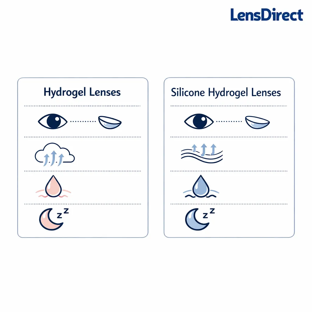 Two lens material options are shown as simple comparison cards focused on feel, dryness, and end-of-day comfort.