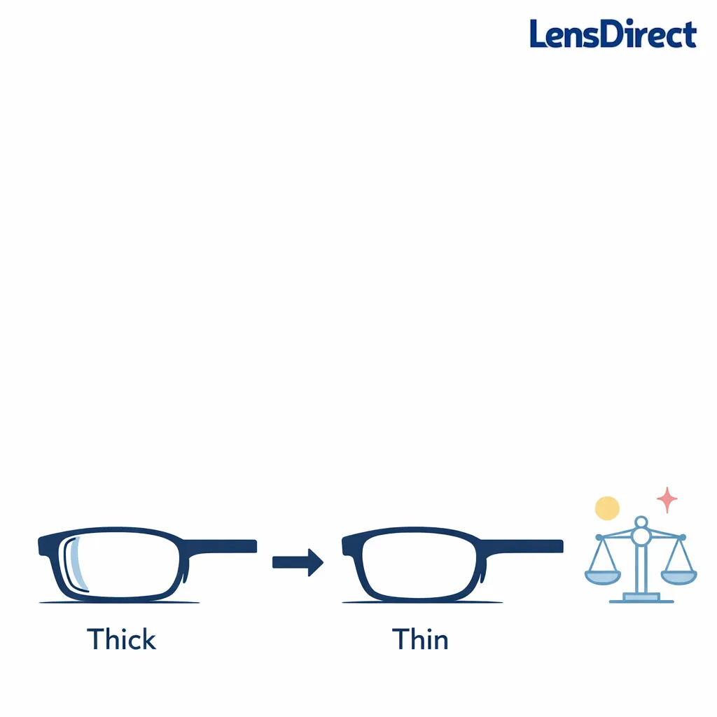 A bulky lens outline transforms into a thinner high-index lens with comfort and appearance emphasized.
