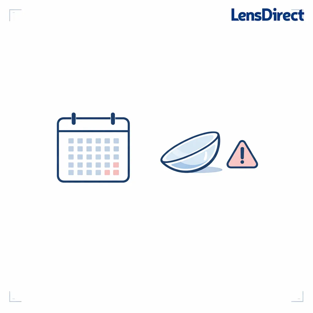 A calendar and lens icon clarify monthly replacement timing with a simple caution symbol.