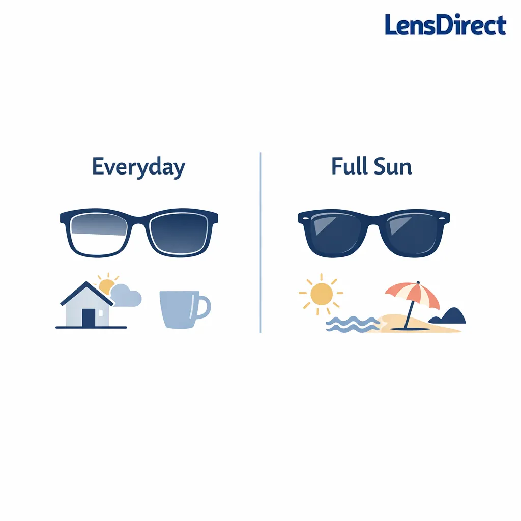 A side-by-side lens choice graphic compares everyday convenience with full-sun performance.