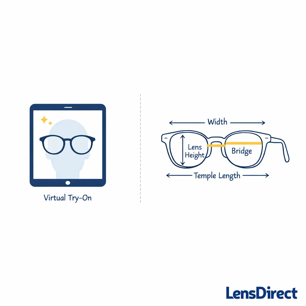 A tablet preview and real frame measurement marks show style help versus true fit support.