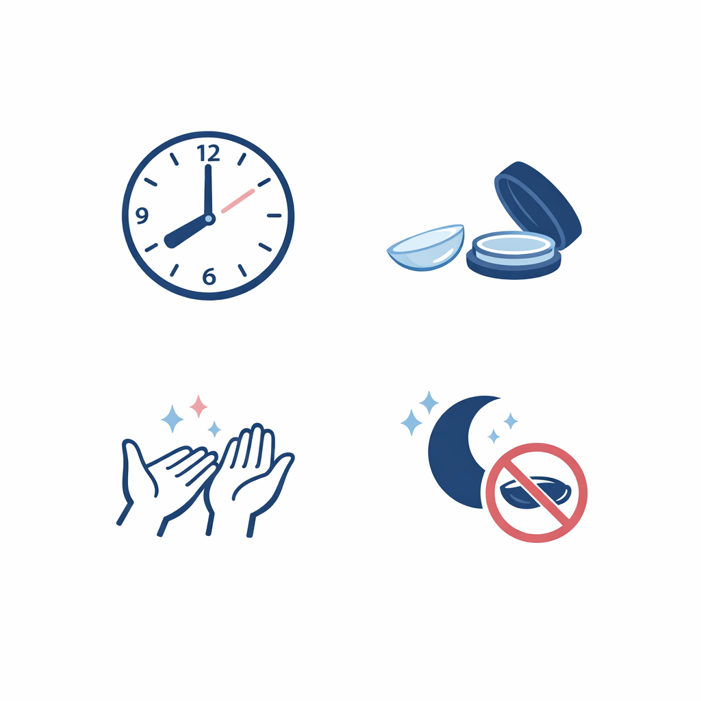 Clock and eye icons emphasize prescribed daytime wear and removing lenses before sleep.